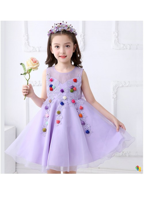 Little Big Girls Summer Embroidered Flower Dress Girl Purple Birthday Party Princess Dress for Wedding